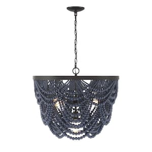 24 in. W x 20 in. H 5-Light Oil Rubbed Bronze Chandelier with Navy Wood Beads