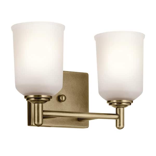 KICHLER Shailene 12.5 in. 2-Light Natural Brass Traditional Bathroom Vanity Light with Satin Etched Glass