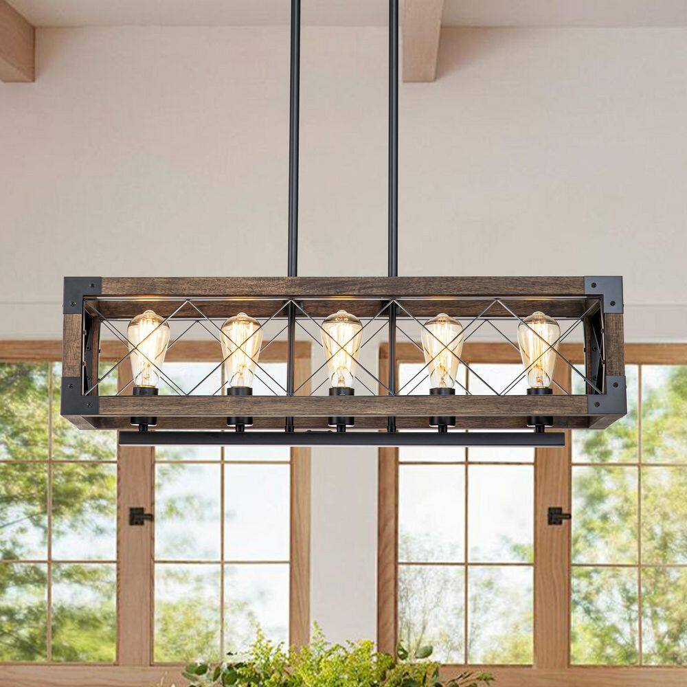 5-Light Smoked Wood Color+Matte BlackLinear Rectangular Chandelier For Kitchen Island with No Bulbs Included price history on PriceWatchPro