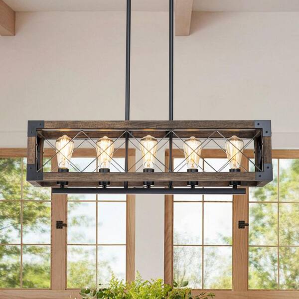 Y'INSP 5-Light Smoked Wood Color+Matte BlackLinear Rectangular Chandelier For Kitchen Island with No Bulbs Included