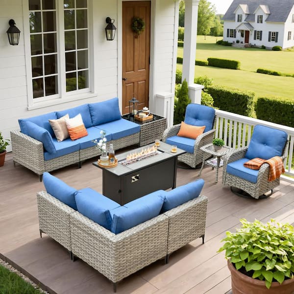 HOOOWOOO Holston 11-Piece Wicker Outdoor Patio Conversation Sofa Set with a Metal Fire Pit, Swivel Chairs and Sky Blue Cushions