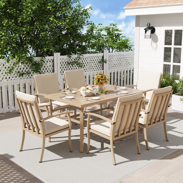 EGEIROSLIFE AluLux 7-Piece Beige Aluminum Outdoor Dining Set with Rectangular Table and Washable Beige Cushions