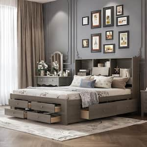 Gray Wood Frame King Size Platform Bed with Storage Headboard and 8-Drawers