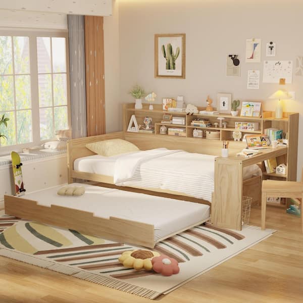 Harper & Bright Designs Natural Twin Size Multi-functional Wood Daybed with Study Desk and Twin Size Trundle Bed