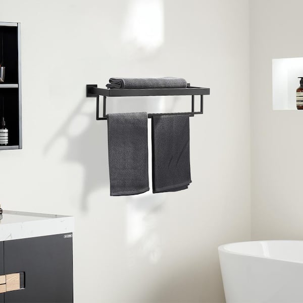 16 in. Stainless Steel Wall Mounted Towel Rack with Double Towel Bars for Bathroom in Matte Black