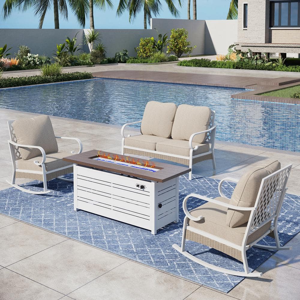 White 4-Piece Metal Outdoor Patio Conversation Seating Set with Rocking Chair 50000 BTU Fire Pit Table and Beige Cushion -  PHI VILLA, THD4-C201BE-104