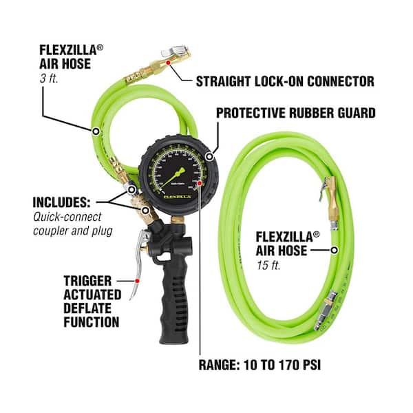 Combo Inflator Kit with Flexzilla Air Hose 3 ft. and 15 ft. Extensions, Lock on Chuck