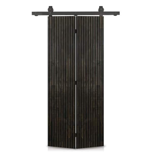 CALHOME Japanese  36 in. x 80 in. Hollow Core Charcoal Black Stained Pine Wood Bi-Fold Barn Door with Sliding Hardware Kit