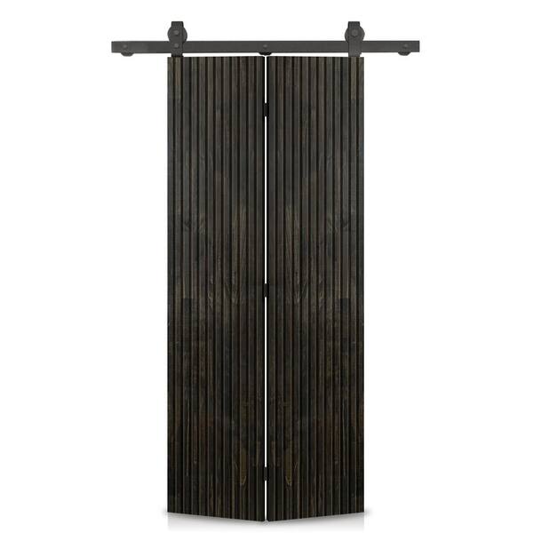 CALHOME Japanese  28 in. x 84 in. Hollow Core Charcoal Black Stained Pine Wood Bi-Fold Barn Door with Sliding Hardware Kit