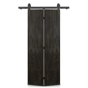 Japanese  36 in. x 84 in. Hollow Core Charcoal Black Stained Pine Wood Bi-Fold Barn Door with Sliding Hardware Kit