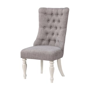 Florian Gray Fabric and Antique White Finish Linen Side Chair Set of 2 with No Additional Features