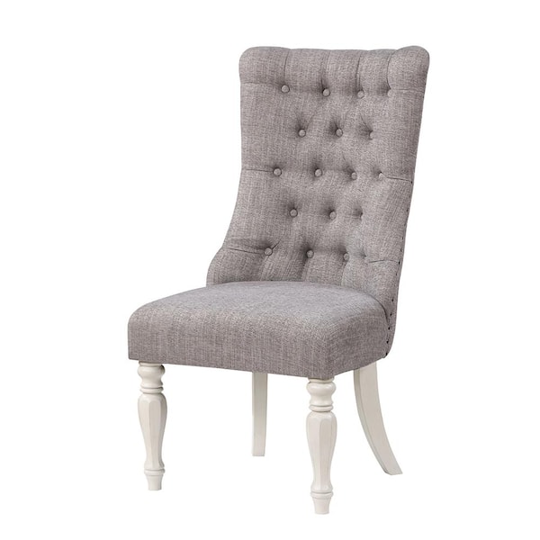 Acme Furniture Florian Gray Fabric and Antique White Finish Linen Side Chair Set of 2 with No Additional Features