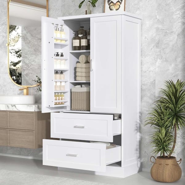 White 64 in. H Accent Cabinet, Bathroom Storage Cabinet with 2 Doors and Drawers, Adjustable Shelf