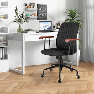 Velvet Swivel Height Adjustable Ergonomic Home Office Chair in Black with Wooden Armrest