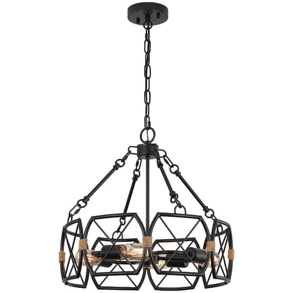 HKMGT 18.1 in. 4-Light Black Retro Farmhouse Round Chandelier for Dining Room Entryway Kitchen Hallway with No Bulbs Included