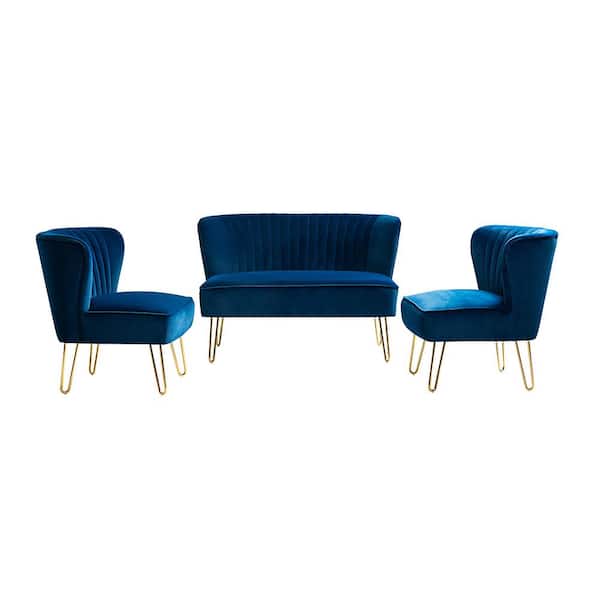 JAYDEN CREATION Alonzo 45 in. 3-Piece Navy Living Room Set with Tufted Back Design