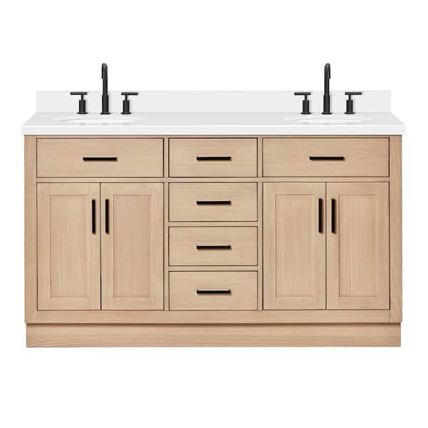 Hepburn 61 in. W x 22 in. D x 36 in. H Double Freestanding Bath Vanity in Oak with Pure White Quartz Top