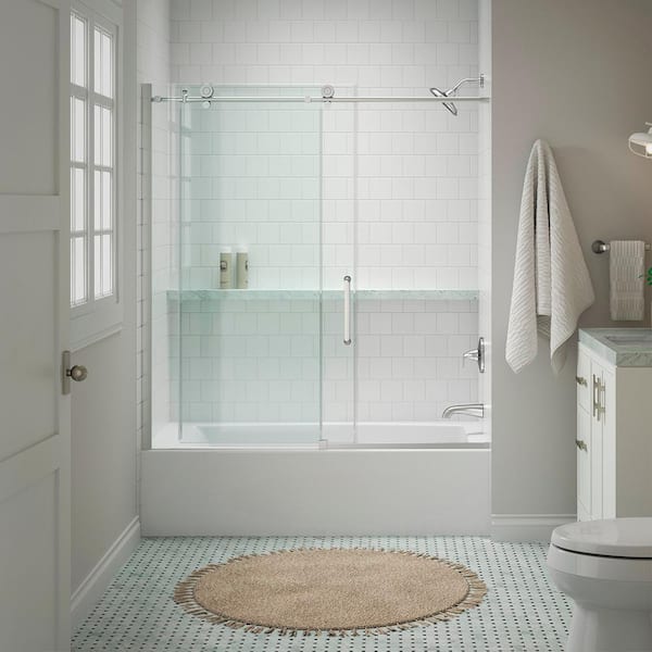 KOHLER Cursiva 56-60 in. W x 62 in. H Sliding Frameless Bath Tub Door in Bright Polished Silver