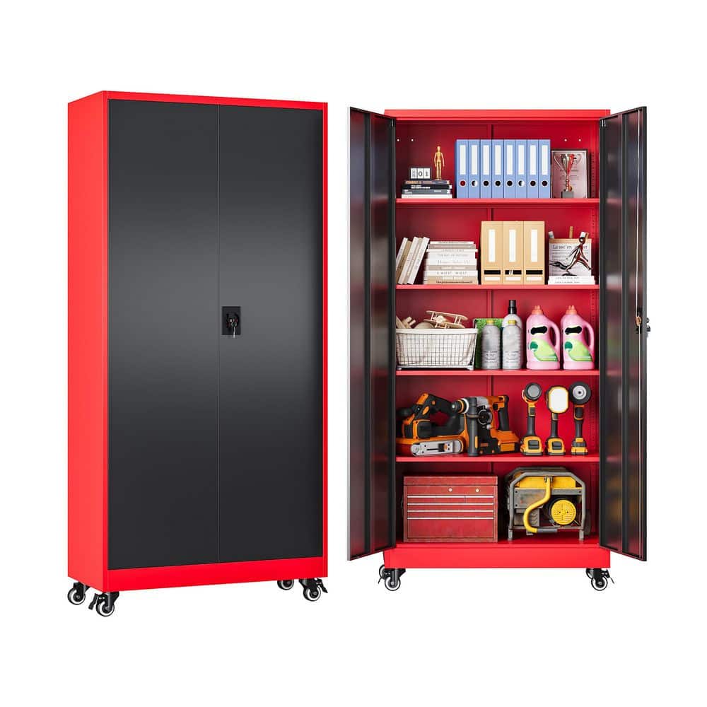 Metal 31.5 in. W x 74.41 in. H x 15.7 in. D Freestanding Cabinet 4-Tier Black Red Garage Lockable Cabinet on wheels price history on PriceWatchPro