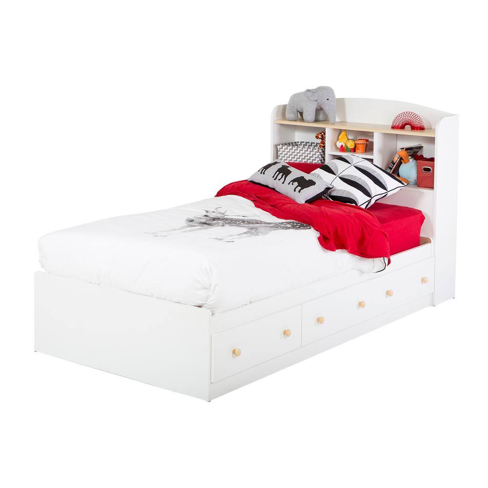 Twin Captain's Wood Frame Bed with 3 Storage Drawers in White and Maple