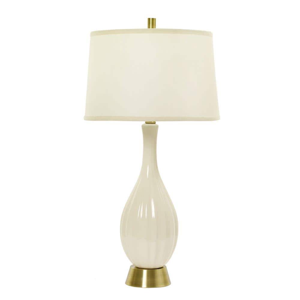32 in. Eggshell Crackle and Silver Ceramic Table Lamp with Ripple Design