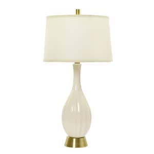 32 in. Eggshell Crackle and Silver Ceramic Table Lamp with Ripple Design