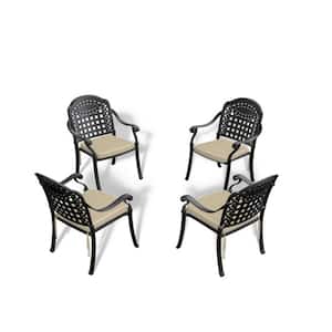 4-Piece Cast Aluminum Black Outdoor Dining Chairs with Random Colors Cushions for Patio Balcony and Backyard