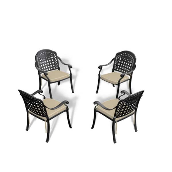 4-Piece Cast Aluminum Black Outdoor Dining Chairs with Random Colors Cushions for Patio Balcony and Backyard