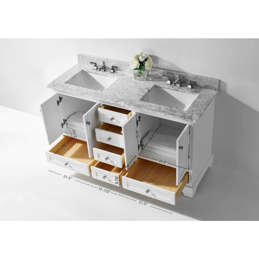 Audrey 60" White Wood Bathroom Vanity Set with Marble Top