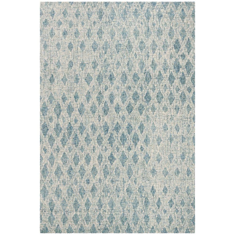 Ivory and Blue Handmade Wool Abstract Tufted Rug, 5' x 8'