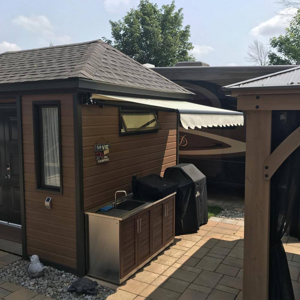 Ivory Retractable Patio Awning with Black Frame and Manual Crank