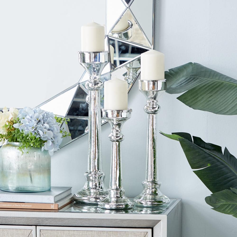 Elegant Silver Glass Tapered Candlestick Trio, 12"-19"H