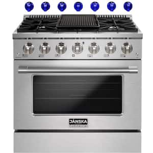 36 in. 5.2 cu. ft. Gas Range with 6-Burners, Convection Oven, Griddle in Stainless Steel with 2 Sets of Knobs