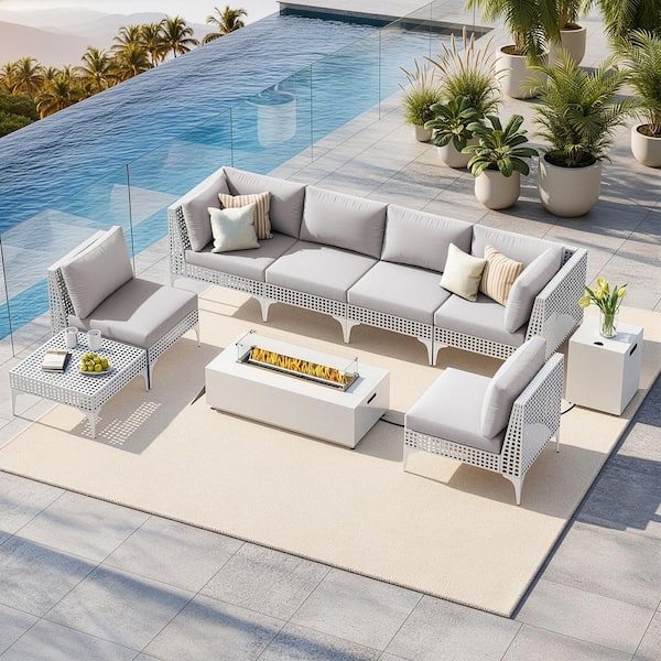 (9-Piece) Outdoor Patio Furniture Set Wicker Conversation Set with Fire Pit Table, Light Gray Cushions and Coffee Table