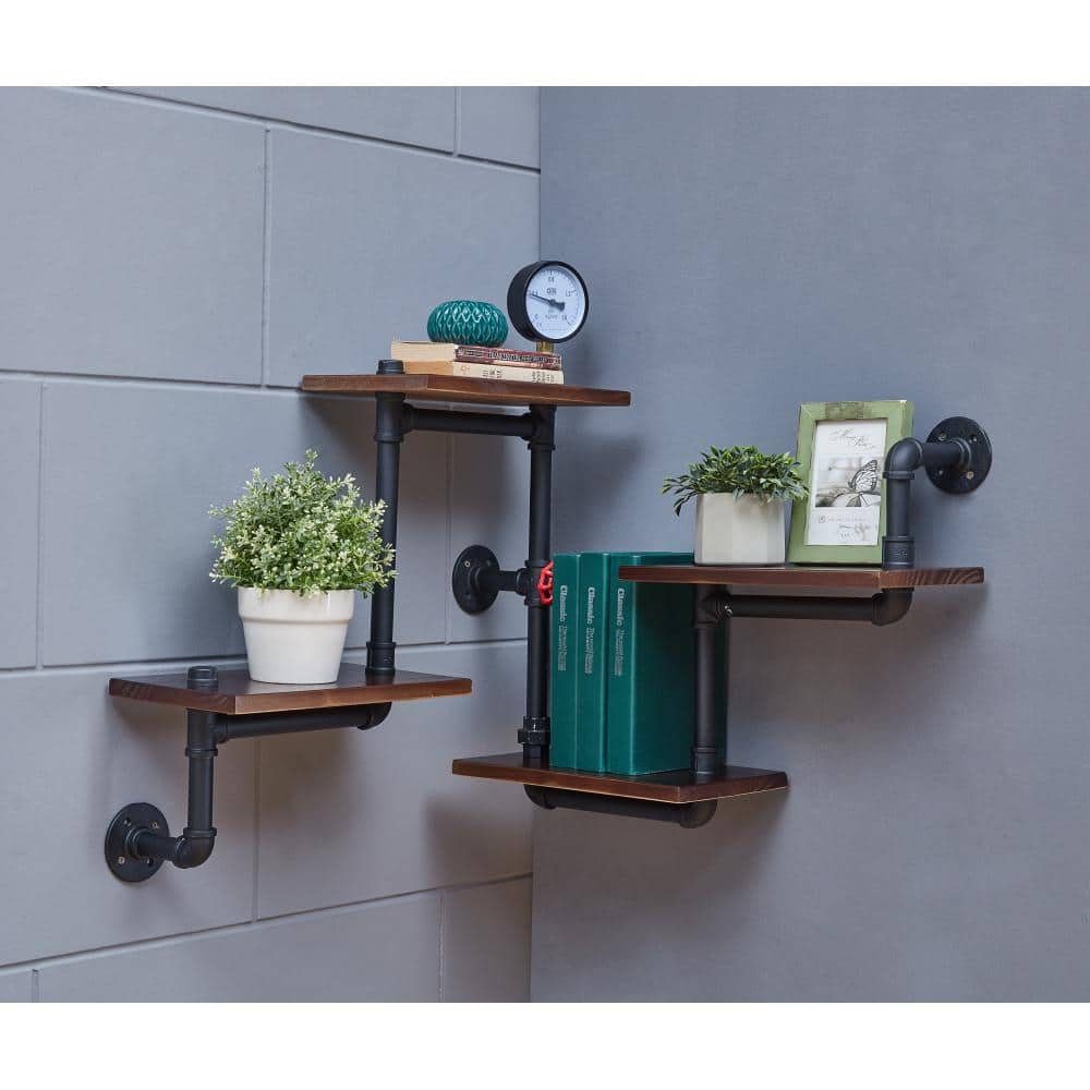 Industrial Chic 26" Black Iron and Wood Wall Shelving Unit