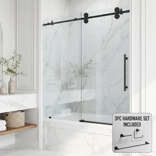 Elan 60 in. x 66 in. Frameless Sliding Tub Door in Matte Black with Clear Glass and Cass 3-Piece Bath Set