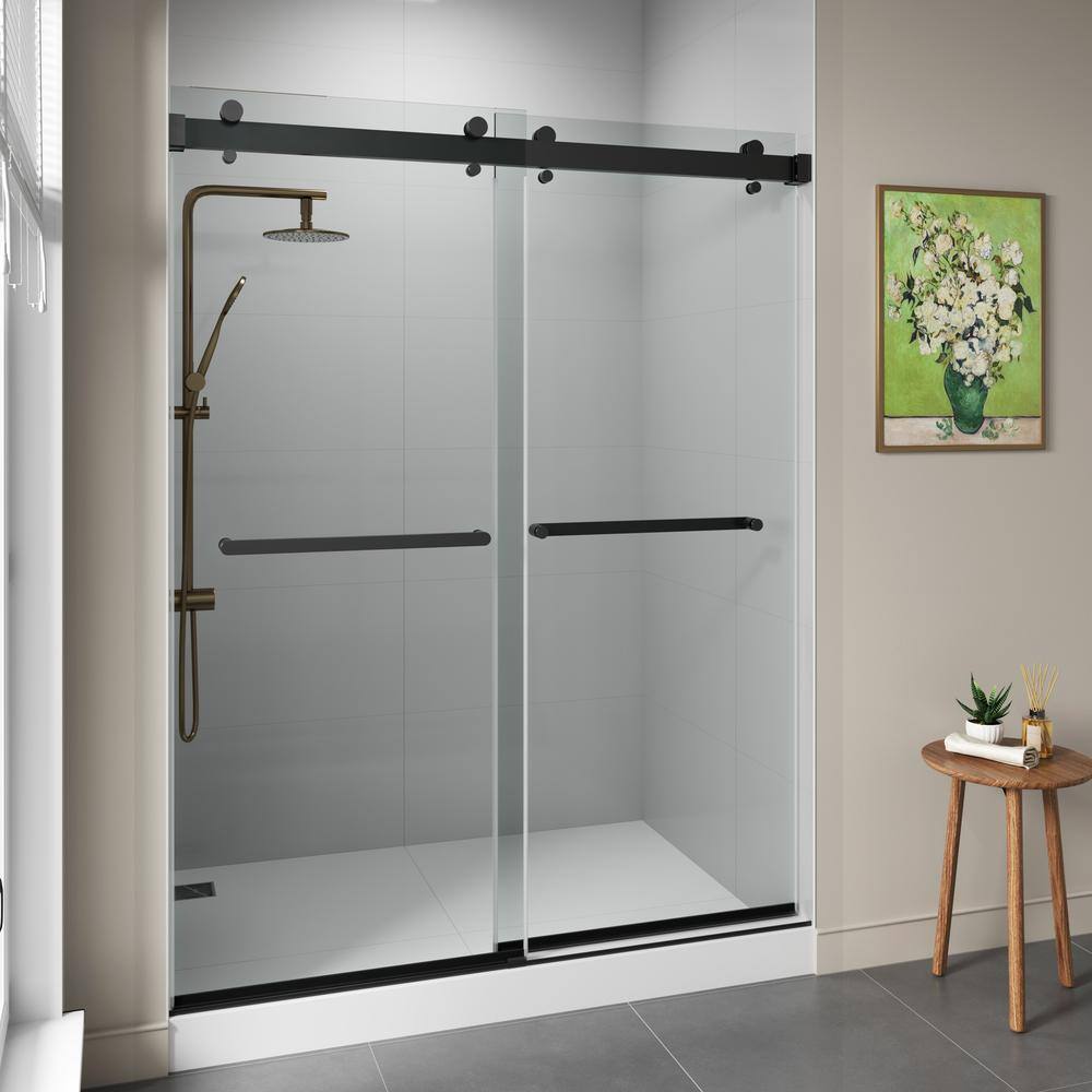 Oceanus 59" Matte Black Frameless Sliding Shower Door with Clear Glass