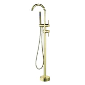 2-Handle Freestanding Tub Faucet with Hand Shower Modern Single Hole Brass Floor Mounted Tub Fillers in Brushed Gold