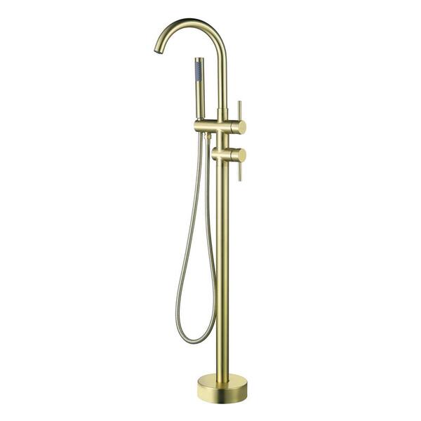 AIMADI 2-Handle Freestanding Tub Faucet with Hand Shower Modern Single Hole Brass Floor Mounted Tub Fillers in Brushed Gold