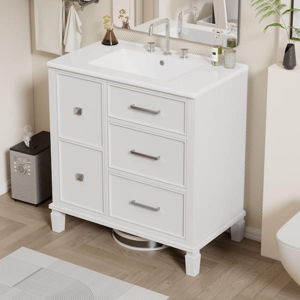 30 in. Single Sink Freestanding White Bath Vanity with White Ceramic Top and 5 Drawer Storage Cabinet Unassembled