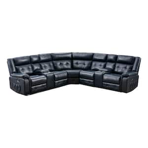 NHI 110 in. W Pillow Top Arm Vegan Leather 3-Piece L-Shaped Sectional Sofa in Dark Blue