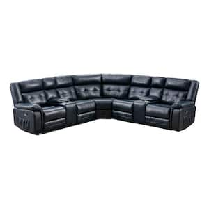 Amelia 110 in. Round Arm 3-Piece Faux Leather L-Shaped Sectional Sofa in Dark Blue with Reclining