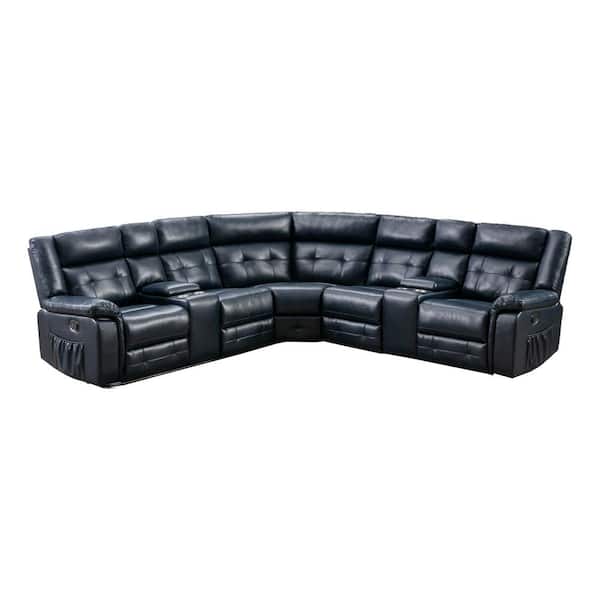 Unbranded Amelia 110 in. Round Arm 3-Piece Faux Leather L-Shaped Sectional Sofa in Dark Blue with Reclining