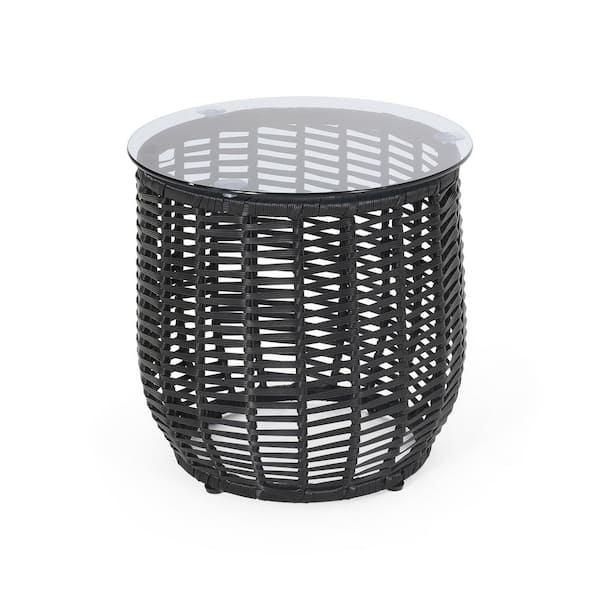 Avex Black Round Rattan 15.5 in. H Outdoor Tempered Glass Top Side Table