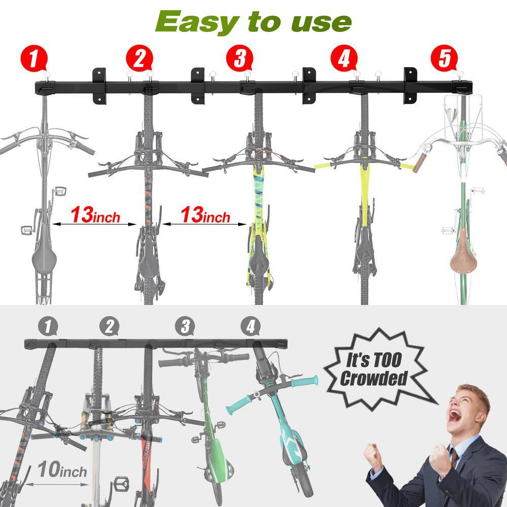 68-Inch Black Steel Wall Mount Bike Storage Rack with Adjustable Hooks