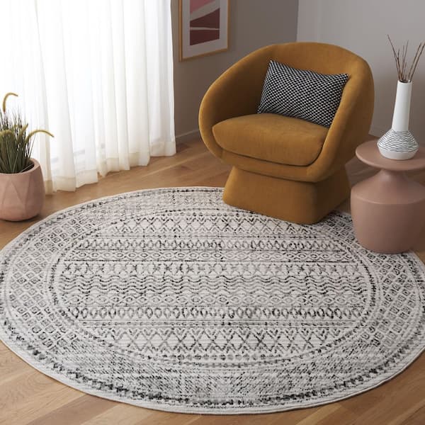 Temple 7 ft. x 7 ft. Round Ivory/Gray Black Tribal Moroccan Stripe Area Rug