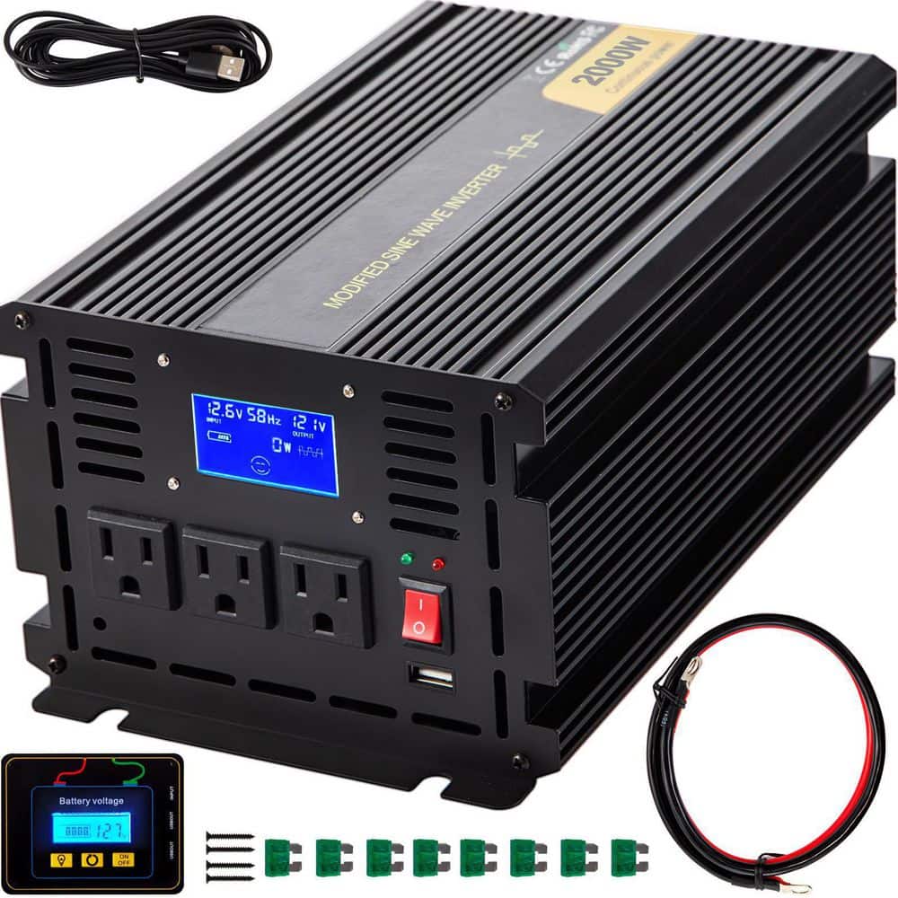 VEVOR Car Power Converter 2000-Watt Modified Sine Wave Inverter DC 12-Volt  to AC 120-Volt with LCD Display Remote Controller ZNB2KW-12-1200I8XV9 - The  Home Depot