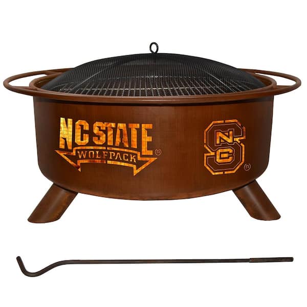 Unbranded North Carolina State 29 in. x 18 in. Round Steel Wood Burning Rust Fire Pit with Grill Poker Spark Screen and Cover