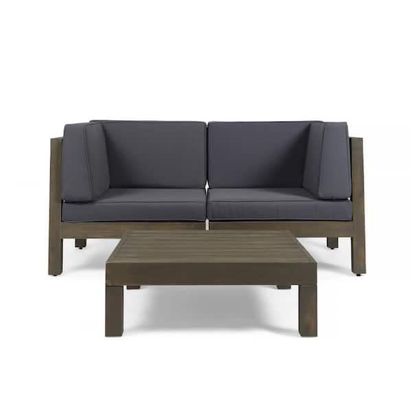 Noble House Jonah Gray 2-Piece Wood Outdoor Patio Deep Seating Set with Dark Gray Cushions - Loveseat, Coffee Table