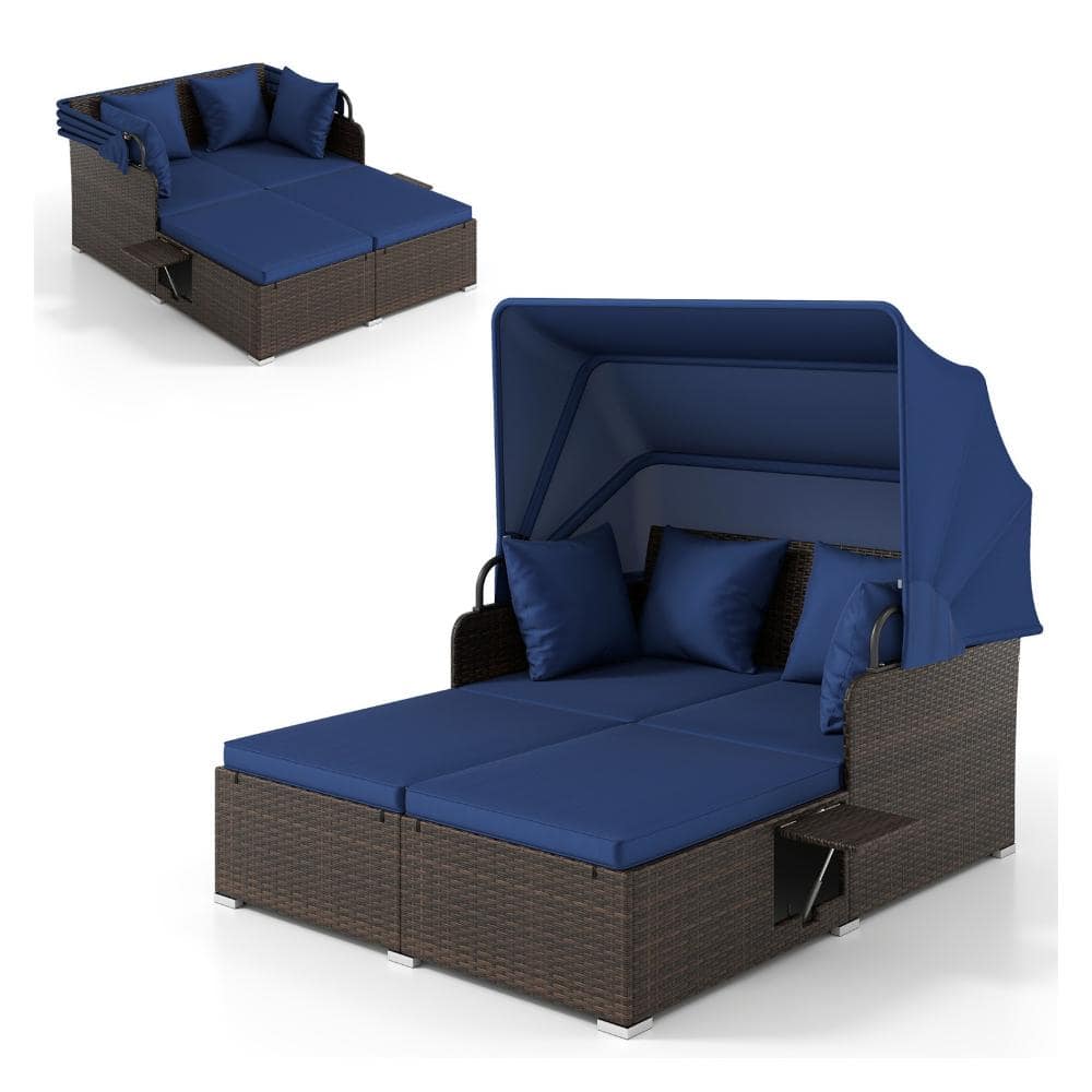 65 in. PE Rattan Patio Daybed with Retractable Canopy, Side Tables and Cushions, Navy